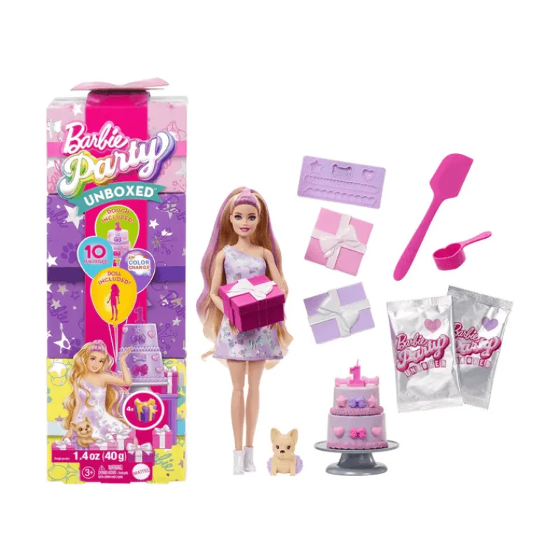 Barbie Party Unboxed Muñeca Fiesta Mascotas Vestido Morado JFG68-<Mattel Fashion