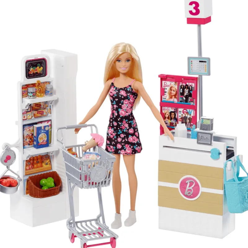 Barbie Set de Super Mercado con Caja Registradora, Carrito de compra y más de 25 accesorios<Mattel New