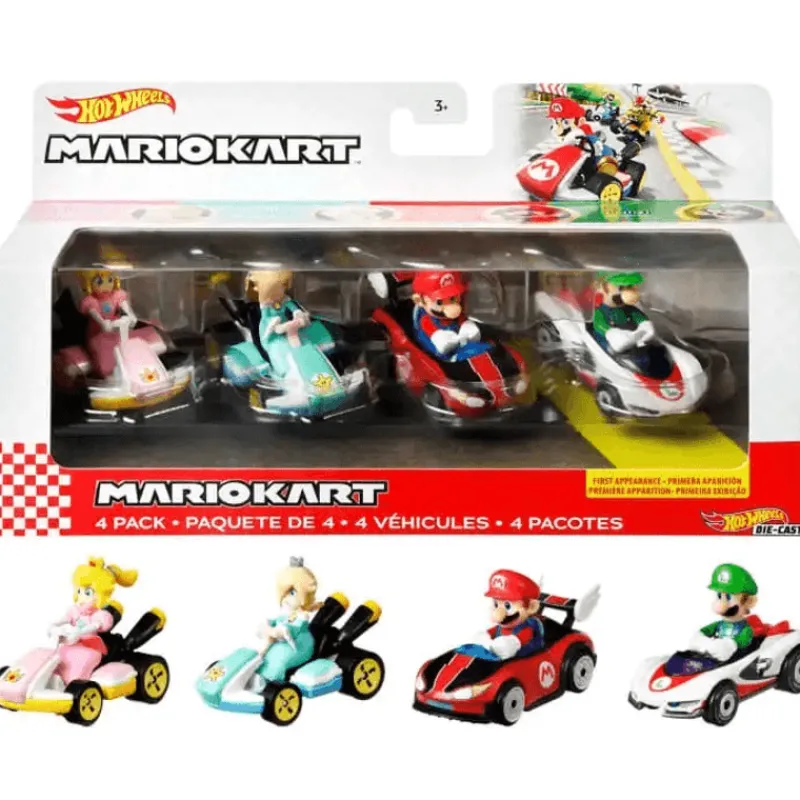 Hot Wheels Mario Kart Set de 4 Vehículos, Incluye: Mario, Luigi, Princesas<Mattel Hot